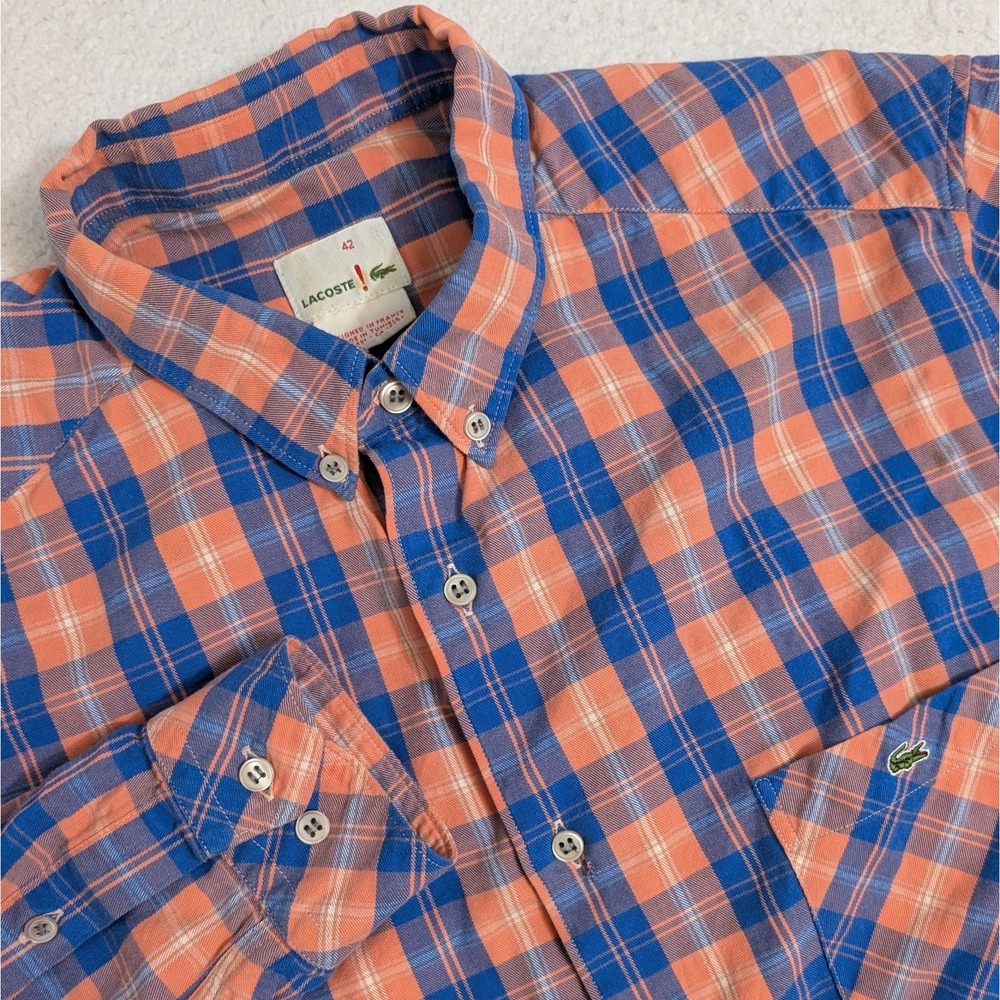 Lacoste Shirt Mens 44 Blue Pink Plaid Long Sleeve Button Down Cotton Logo Y2K